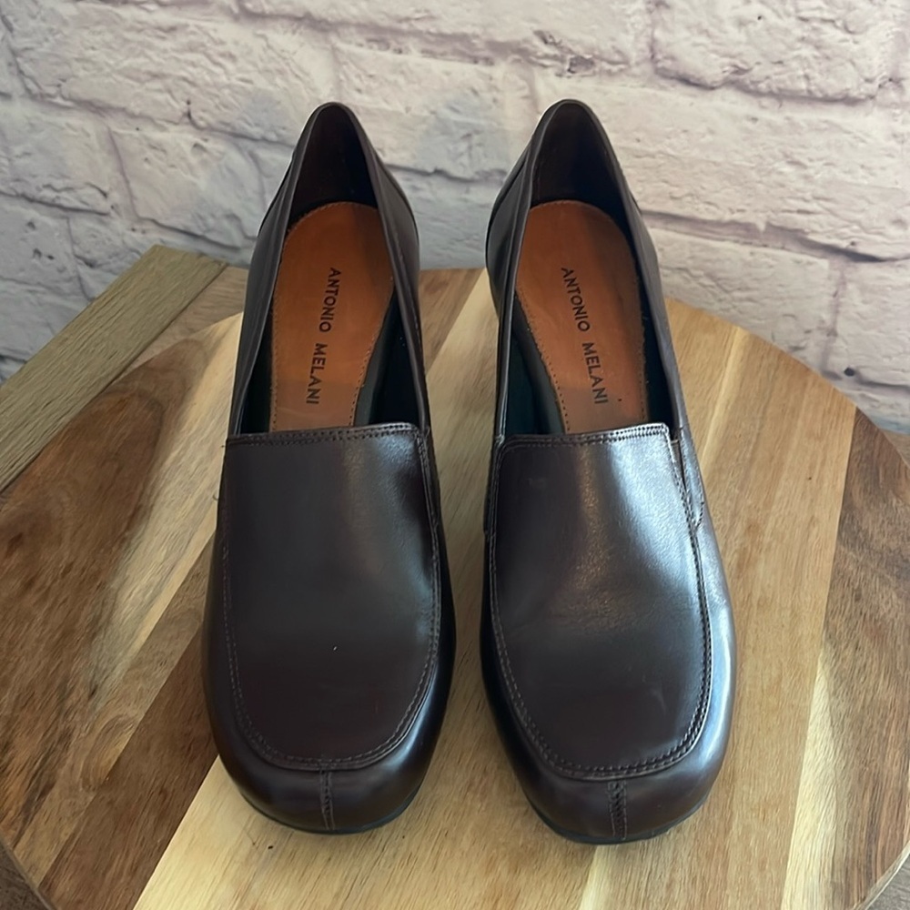 Antonio Melani Brown Leather Square Toe Loafers with block heel 9.5 M - Picture 1 of 9